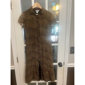 Robbie Bee 8 P Leopard Print Silk Shirt Dress Midi Button Front Short Sleeve. Dd